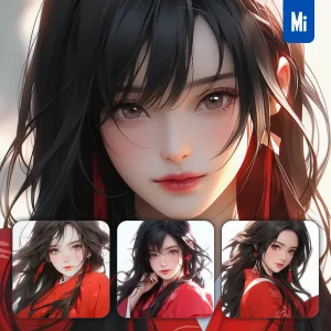 Midjourney Prompt Red Japanese Beautiful Geisha Asian Woman Girl Lady Face Portrait Animation Cartoon Painting