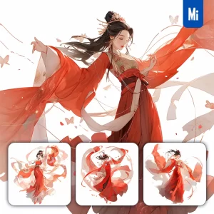 Midjourney Prompt Red Beautiful Chinese Girl Lady Woman Dance Portrait Animation Cartoon Painting