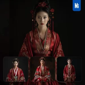 Midjourney Prompt Red Portrait Chinese Gown Princess Infanta Woman Lady Girl Photography