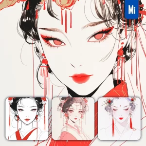 Midjourney Prompt Red Watercolor Headgear Beautiful Woman Girl Lady Face Portrait Animation Cartoon Painting