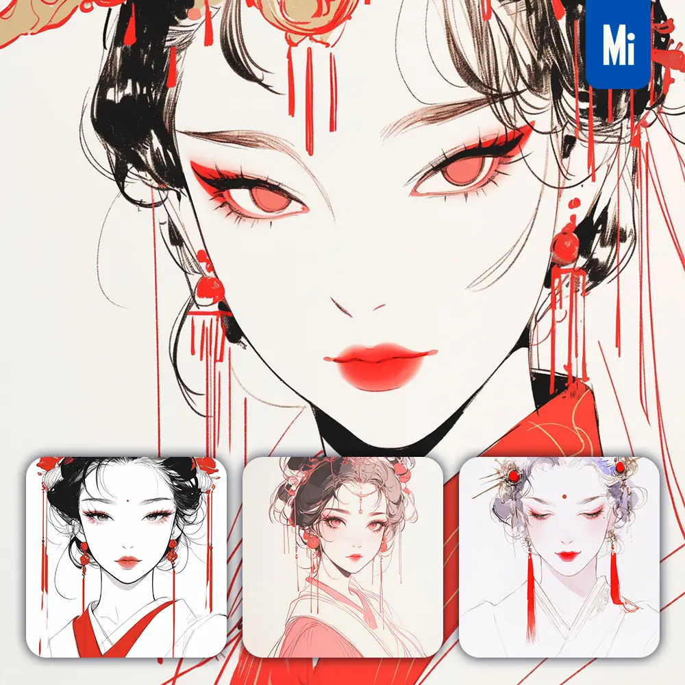 Midjourney Prompt Red Watercolor Headgear Beautiful Woman Girl Lady Face Portrait Animation Cartoon Painting