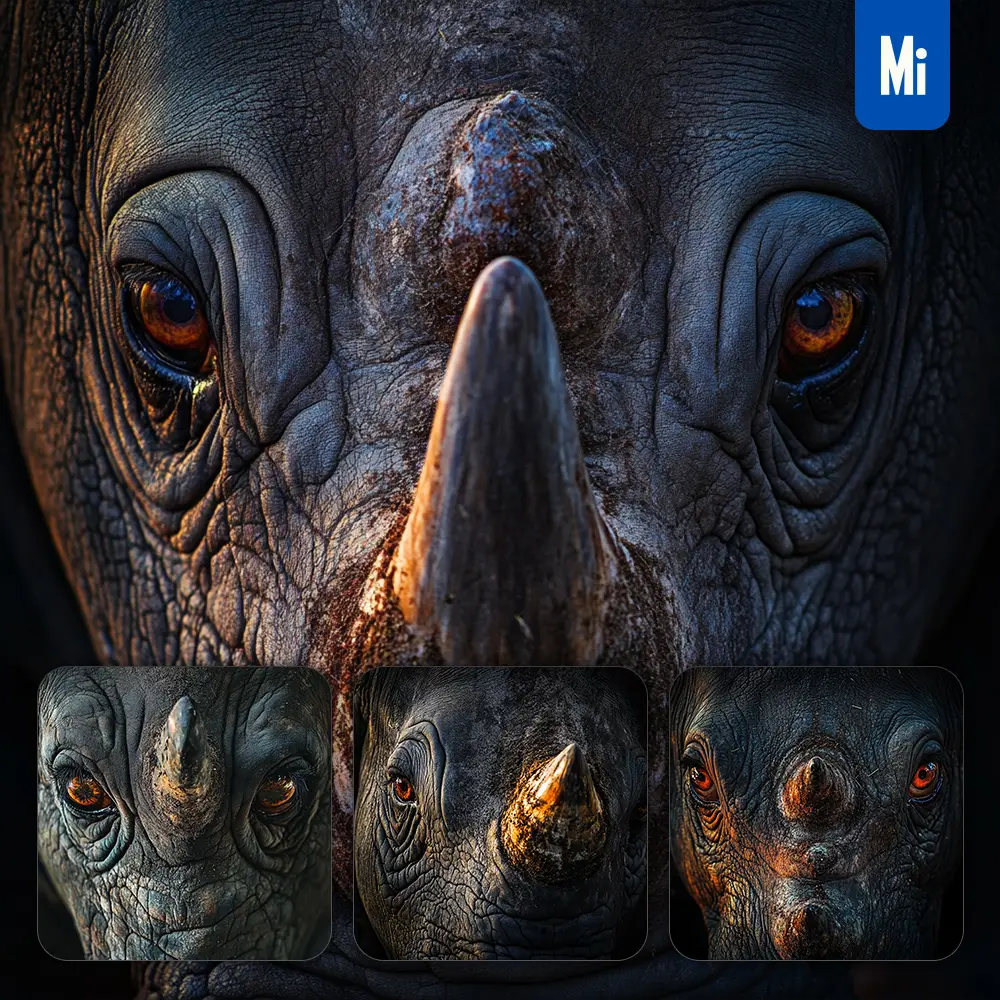 Midjourney Prompt Rhinoceros Eyes Head Straight Face Detailed Close Up Photography