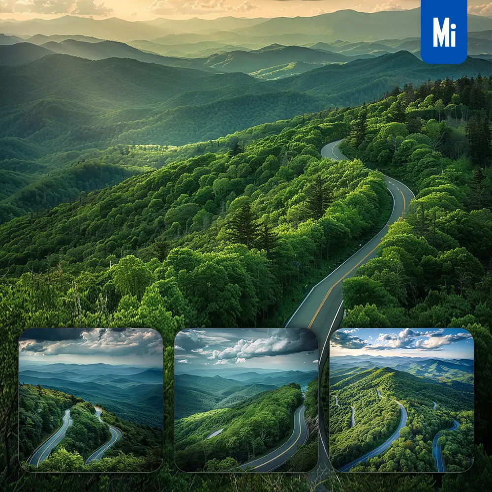 Midjourney Prompt Road Forest Way Mountain Bend Green Tree Vista Woods Landscape Photography