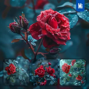 Midjourney Prompt Rose Flower Branch Leaves Leaf Dewdrop Drop Photography