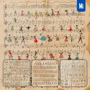 Midjourney Prompt Sheet Music Paper Song People Dancing Dance Illustration Ink Drawing