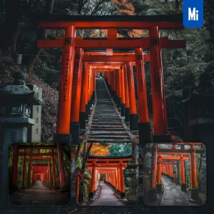 Midjourney Prompt Shrine Kyoto Wooded Mountainside Red Torii Gate Forest Landscape Photography