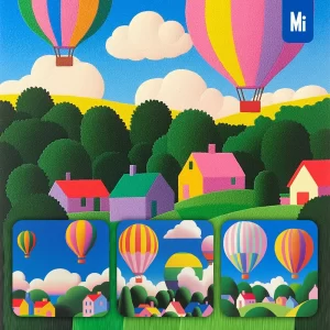 Midjourney Prompt Sky Hot Air Balloon Tree Sunny Cloud House Colorful Landscape Illustration Painting Graphic Design