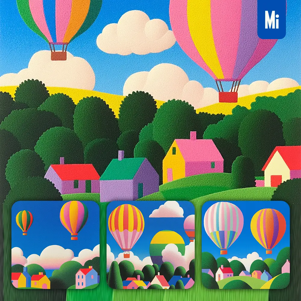 Midjourney Prompt Sky Hot Air Balloon Tree Sunny Cloud House Colorful Landscape Illustration Painting Graphic Design