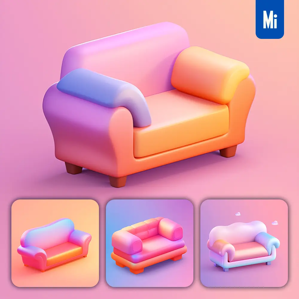Midjourney Prompt Sofa 3D Icon Game Cartoon Cute Lovely