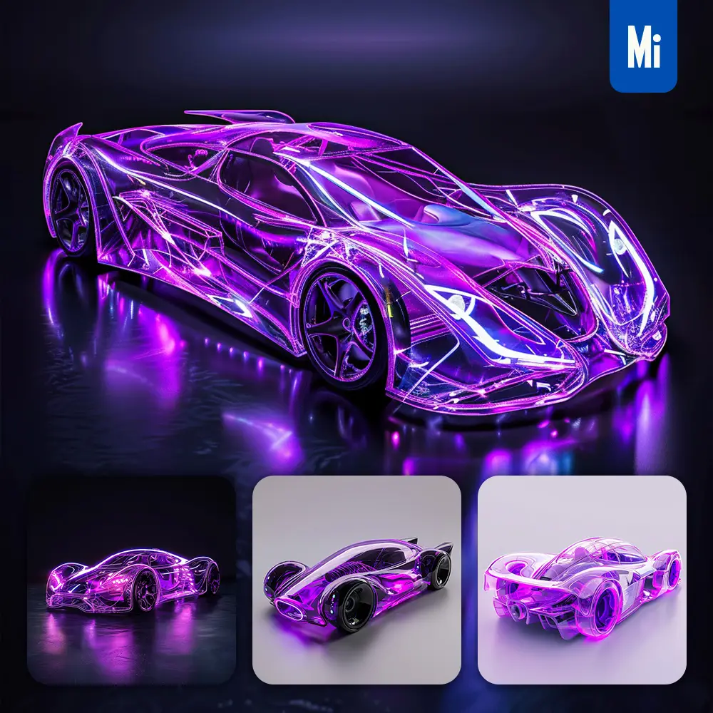Midjourney Prompt Sports Car Supercar Transparent Inflatable Futuristic Vehicle Purple Product Design 3D Concept