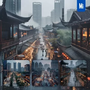 Midjourney Prompt Street Bustling People Modern Skyscraper Traditional House Landscape Photography