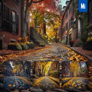 Midjourney Prompt Street Cobblestone Architecture House Autumn Foliage Landscape Photography