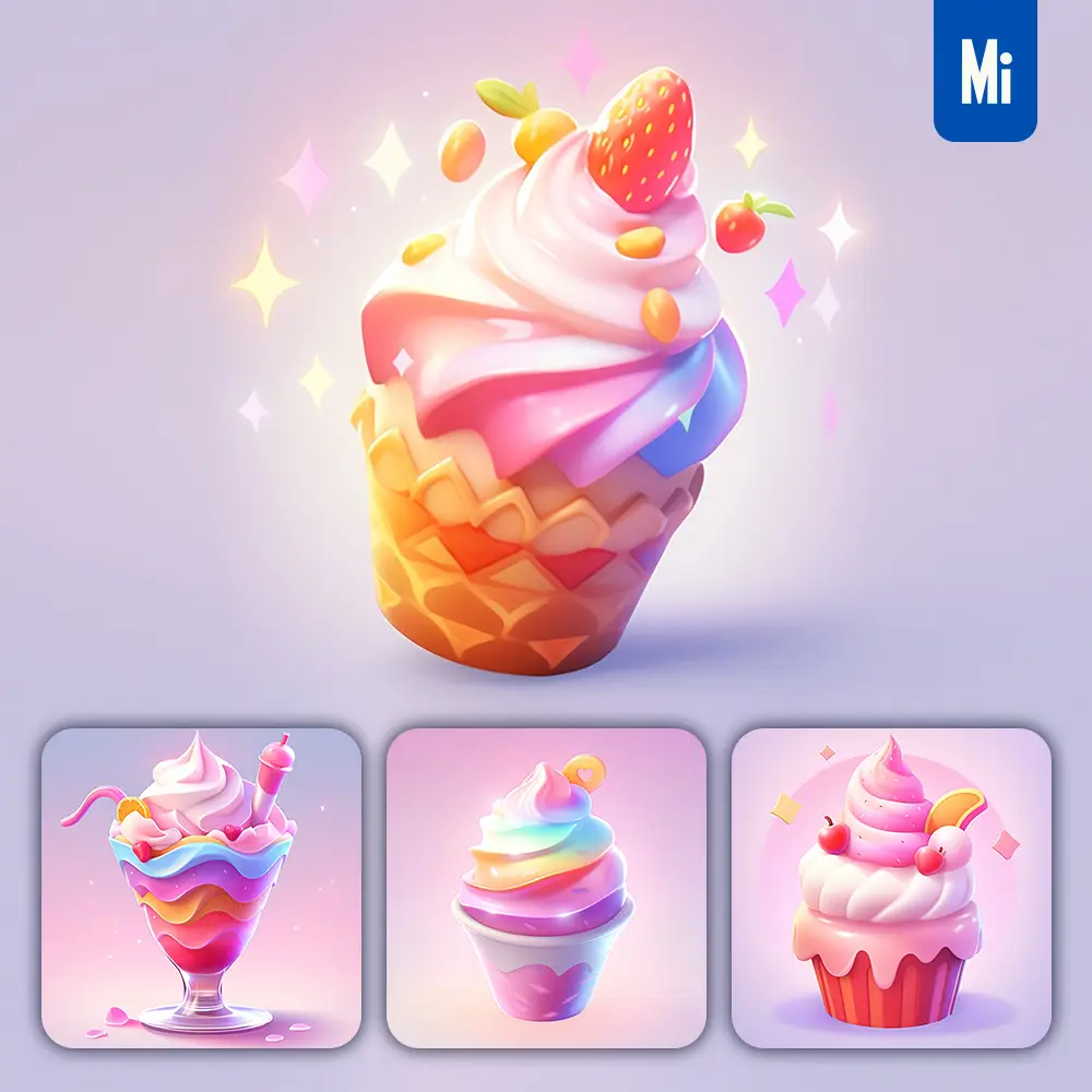 Midjourney Prompt Sundae 3D Icon Game Cartoon Cute Lovely