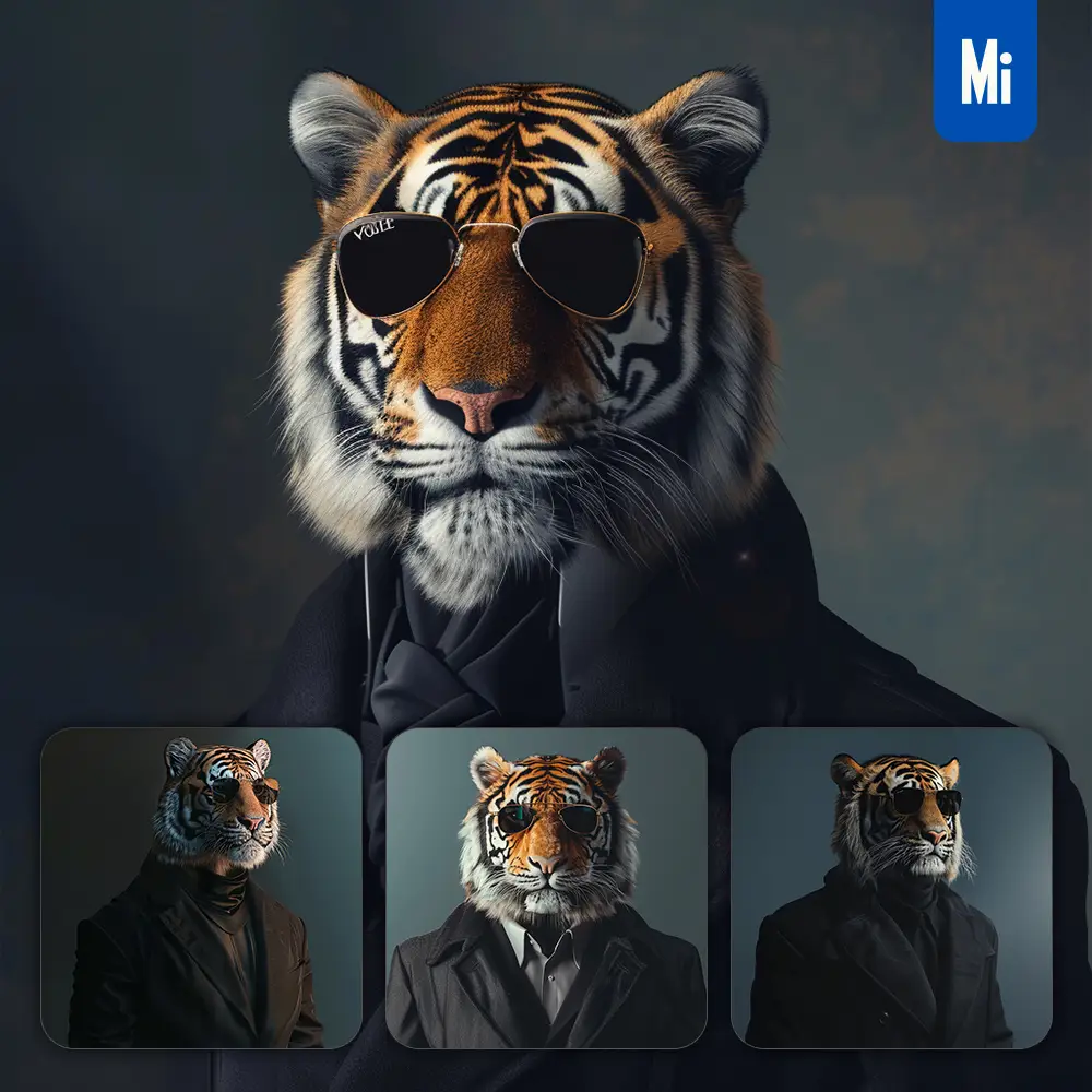 Midjourney Prompt Tiger Sunglasses Suit Coat Esquire Fashion Vogue Photography