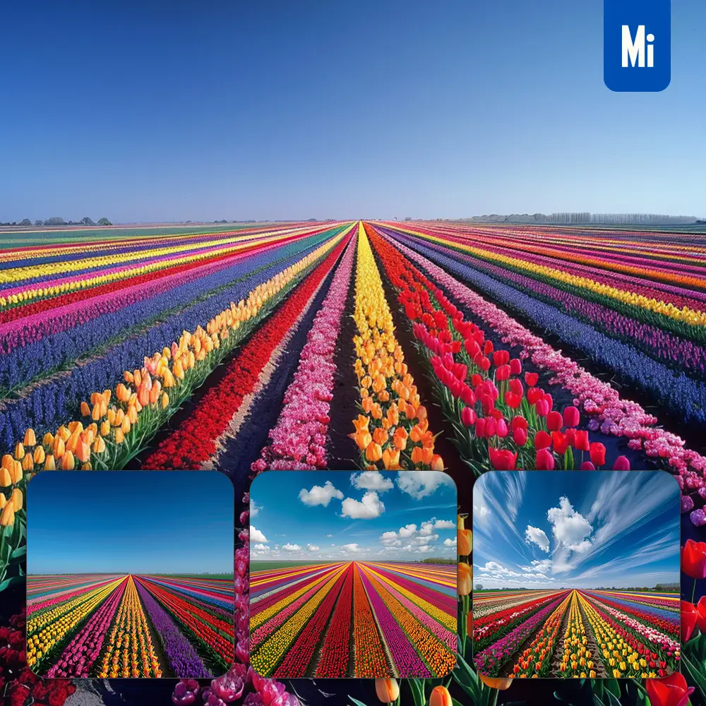 Midjourney Prompt Tulip Field Colorful Bloom Horizon Sky Landscape Photography