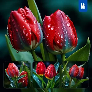 Midjourney Prompt Tulip Red Flower Branch Leaves Leaf Dewdrop Drop Photography