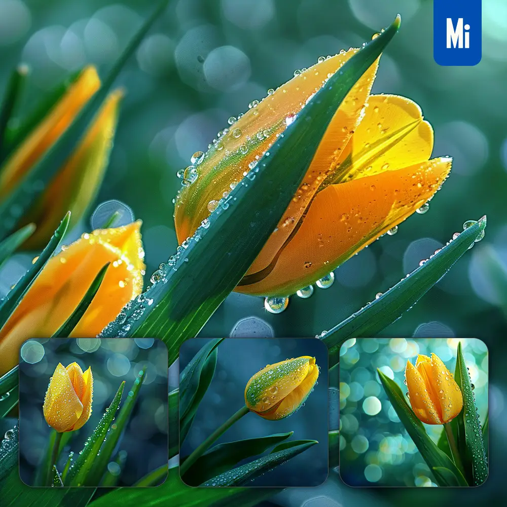 Midjourney Prompt Tulip Yellow Flower Branch Leaves Leaf Dewdrop Drop