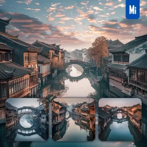 Midjourney Prompt Water Town China Stone Bridge Wooden House Water River Landscape Photography