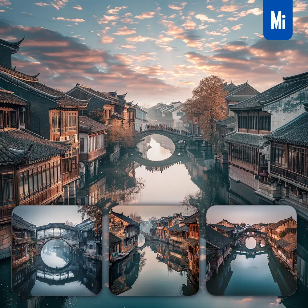 Midjourney Prompt Water Town China Stone Bridge Wooden House Water River Landscape Photography