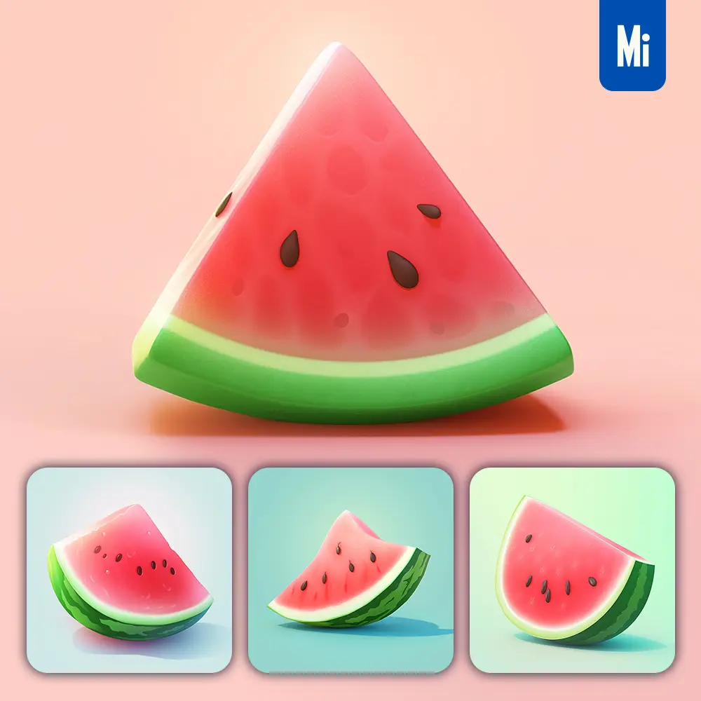 Midjourney Prompt Watermelon Piece 3D Icon Game Cartoon Cute Lovely