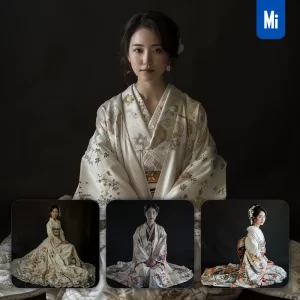 Midjourney Prompt White Japanese Gown Princess Infanta Woman Lady Girl Sitting Portrait Photography