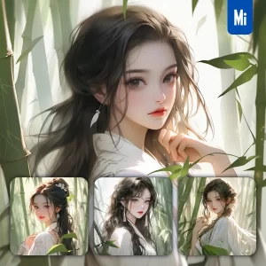 Midjourney Prompt White Bamboo Chinese Beautiful Geisha Asian Woman Girl Lady Face Portrait Animation Cartoon Painting