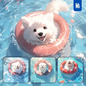 Midjourney Prompt White Dog Swimming Circle Animation Smile Water Pool Cute Swim