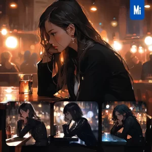 Midjourney Prompt Woman Lady Black Beautiful Bar Girl Drinking Animation Painting Illustration