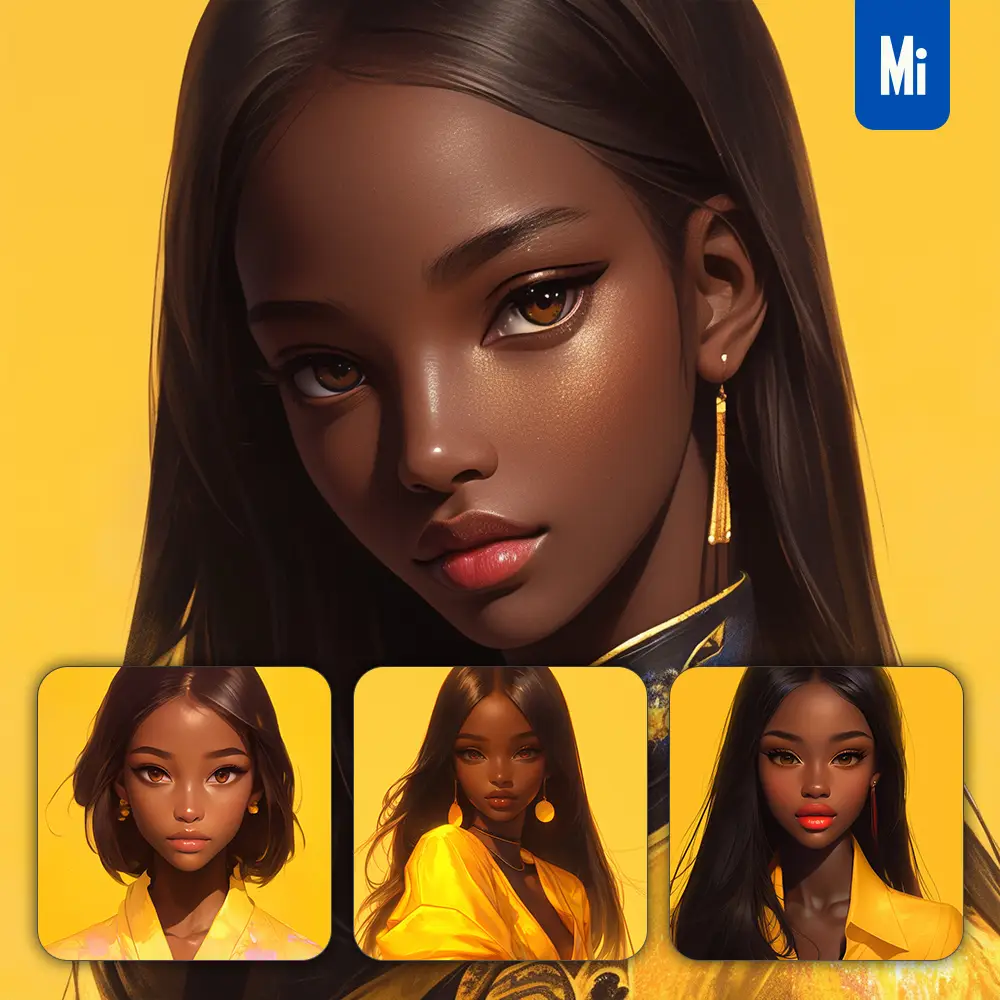 Midjourney Prompt Yellow African Beautiful Woman Girl Lady Face Portrait Animation Cartoon