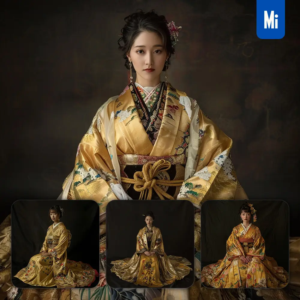 Midjourney Prompt Yellow Japanese Gown Princess Infanta Woman Lady Girl Sitting Portrait Photography