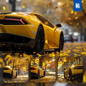 Midjourney Prompt Yellow Lamborghini Car Autumn Fallen Leaves Tree Street Road Photography