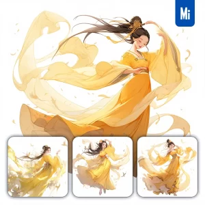 Midjourney Prompt Yellow Beautiful Chinese Fairy Girl Lady Woman Dance Portrait Animation Cartoon Painting