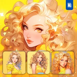 Midjourney Prompt Yellow Golden Girl Woman Lady Portrait Dress Comic Animation Cartoon Painting