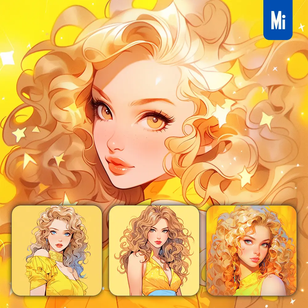 Midjourney Prompt Yellow Golden Girl Woman Lady Portrait Dress Comic Animation Cartoon Painting
