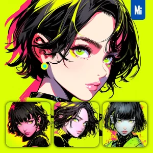 Midjourney Prompt Yellow Neon Short Hair Beautiful Woman Capable Girl Lady Face Portrait Animation Cartoon