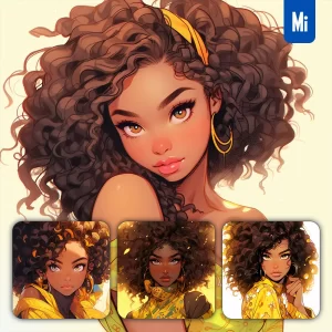 Midjourney Prompt Yellow Woman African Girl Lady Portrait Dress Comic Animation Cartoon Painting