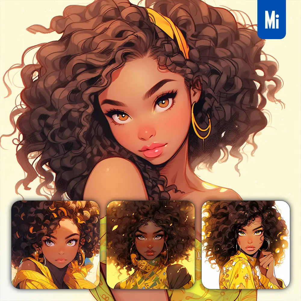 Midjourney Prompt Yellow Woman African Girl Lady Portrait Dress Comic Animation Cartoon Painting
