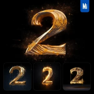 Midjourney Prompt 2 Number Golden Sparkling Lighting Material 3D