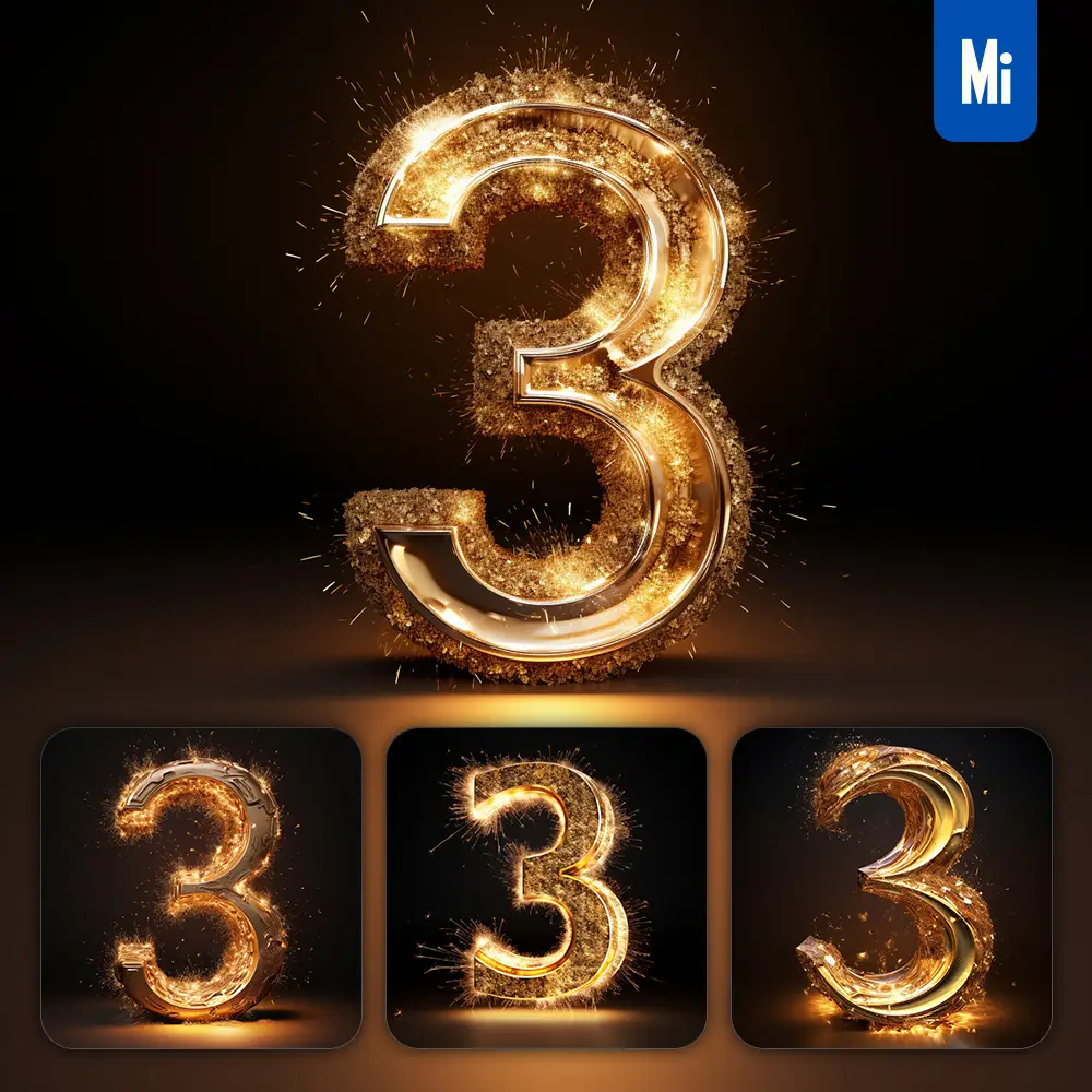 Midjourney Prompt 3 Number Golden Sparkling Lighting Material 3D