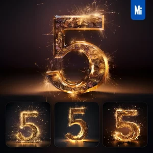 Midjourney Prompt 5 Number Golden Sparkling Lighting Material 3D