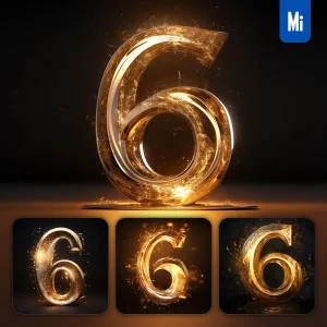 Midjourney Prompt 6 Number Golden Sparkling Lighting Material 3D