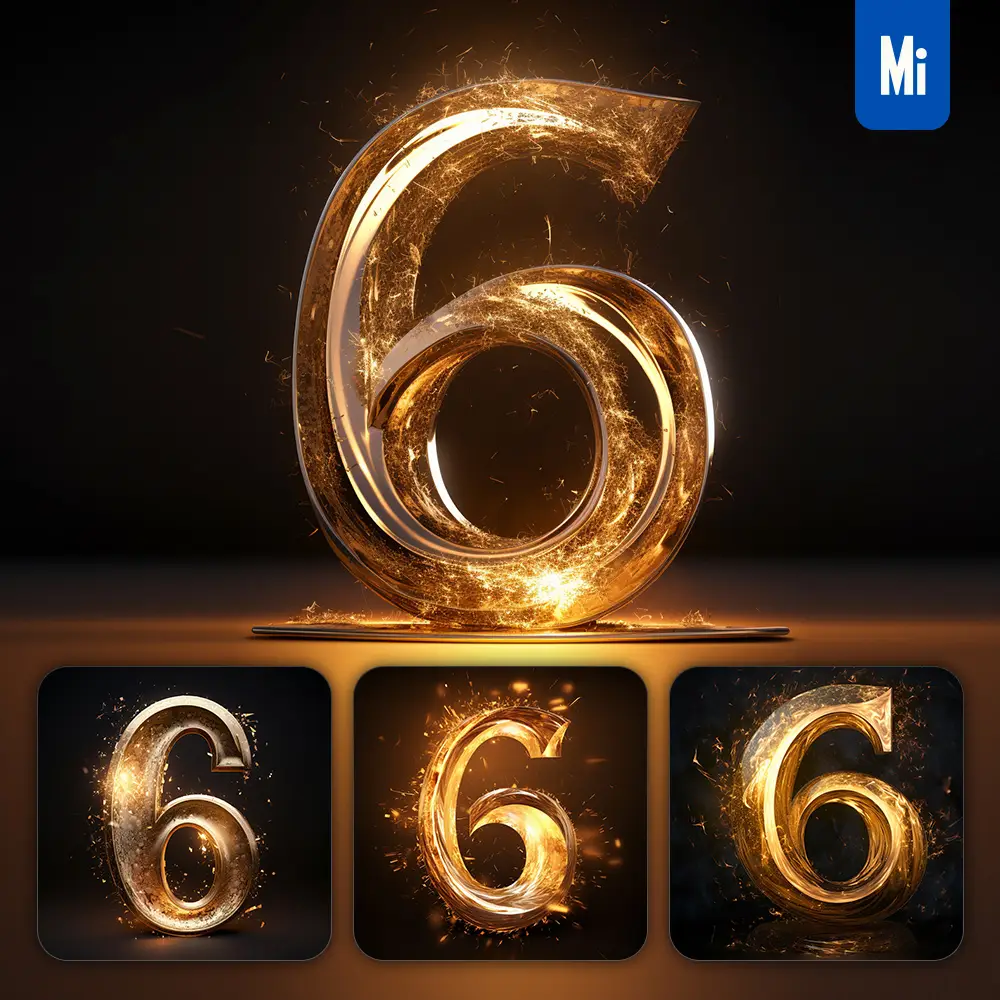 Midjourney Prompt 6 Number Golden Sparkling Lighting Material 3D