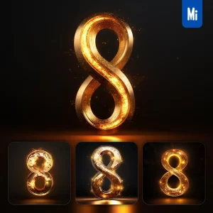 Midjourney Prompt 8 Number Golden Sparkling Lighting Material 3D