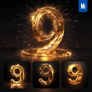 Midjourney Prompt 9 Number Golden Sparkling Lighting Material 3D