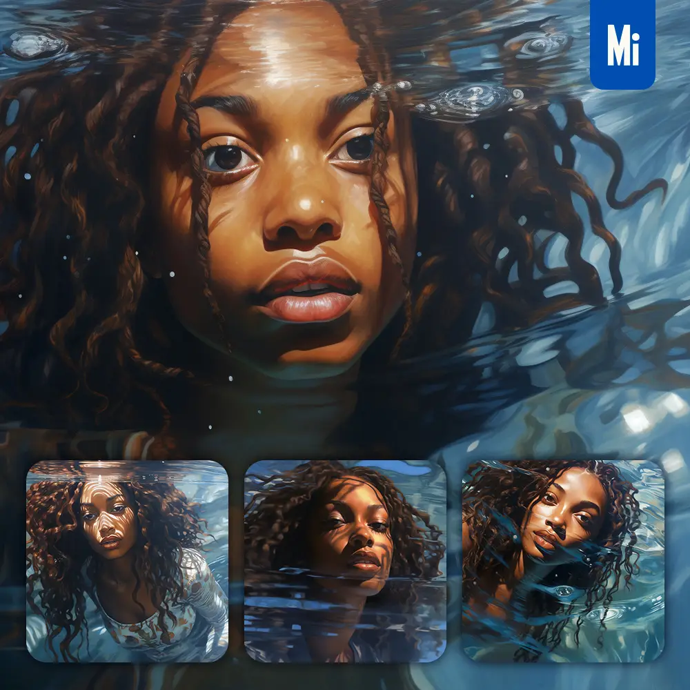 Midjourney Prompt African Woman Girl Diving Swimming Underwater Sea Face Oil Painting