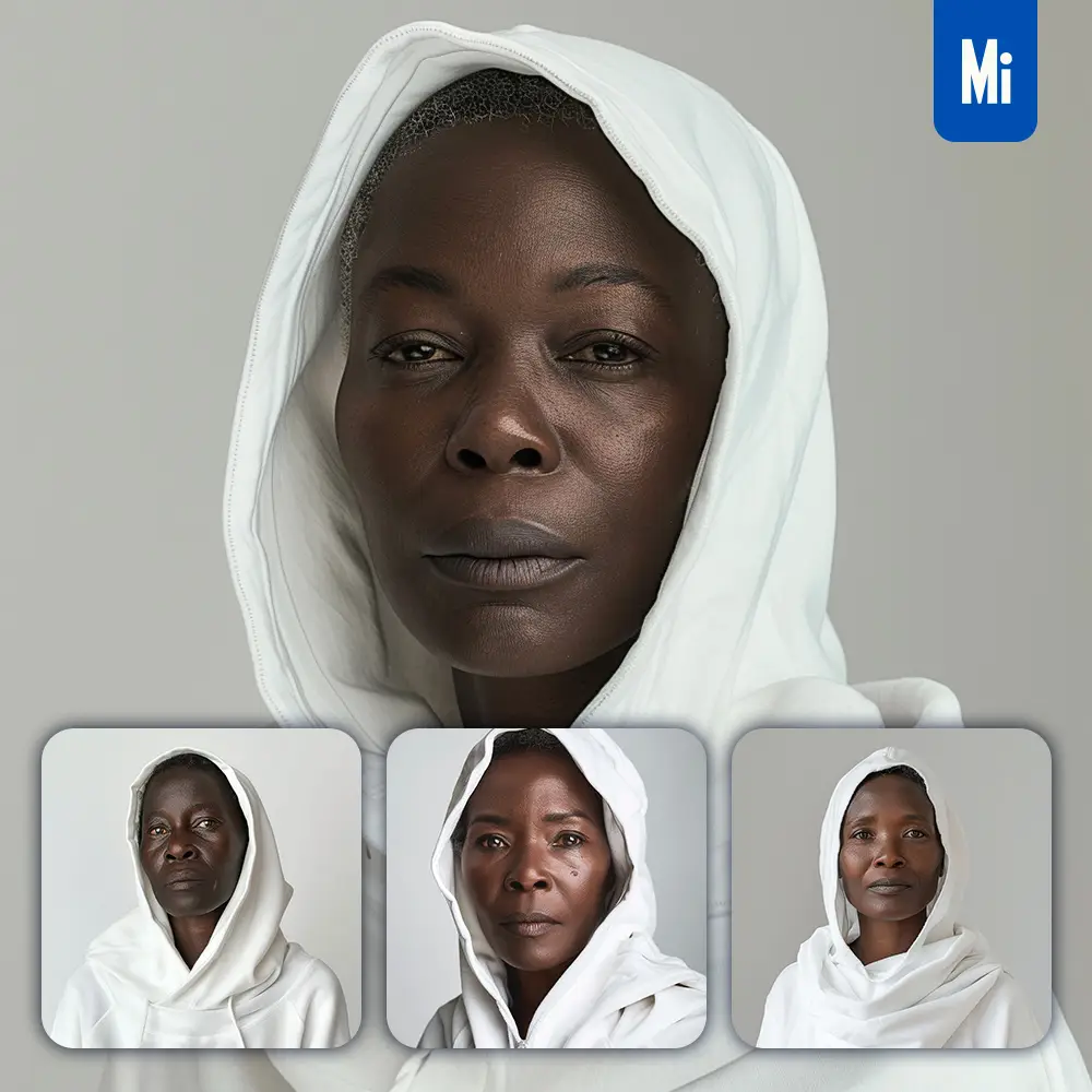 Midjourney Prompt African Woman Girl Lady Old White Hoodie Portrait Photography
