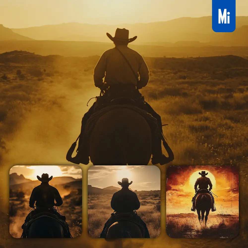 Midjourney Prompt American Cowboy Back Sunset Western Desert Silhouette