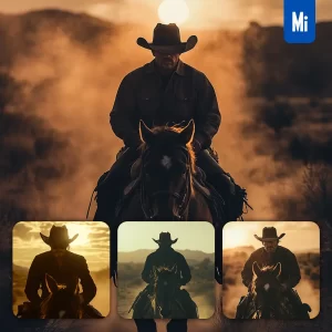 Midjourney Prompt American Cowboy Front Sunset Western Desert Silhouette