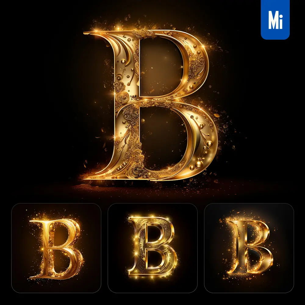 Midjourney Prompt B Letter Golden Sparkling Lighting Material 3D