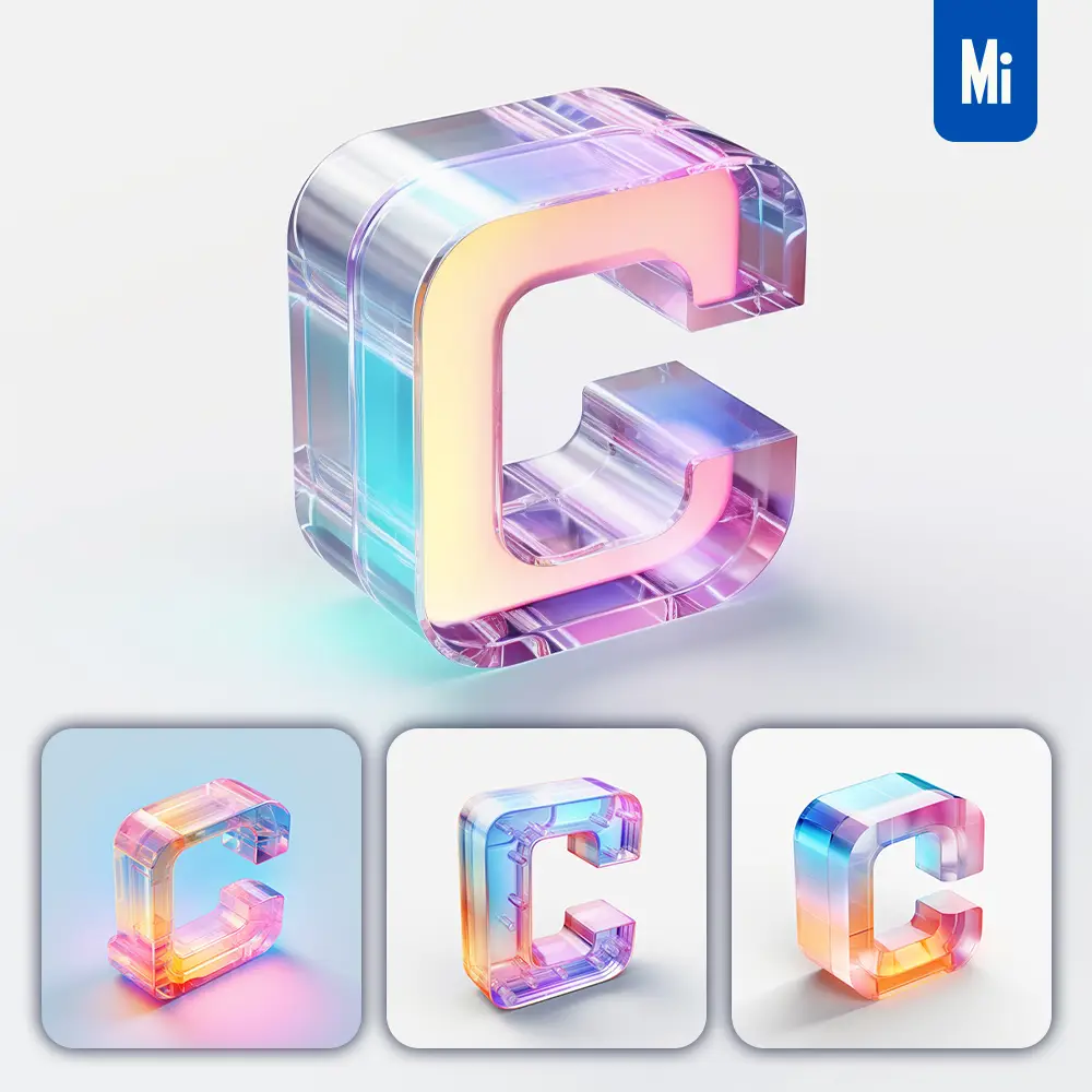 Midjourney Prompt C 3D Letter Glass C4D Transparent Crystal